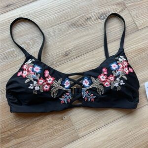 Ella Moss Black Bikini Top with Floral Embroidery